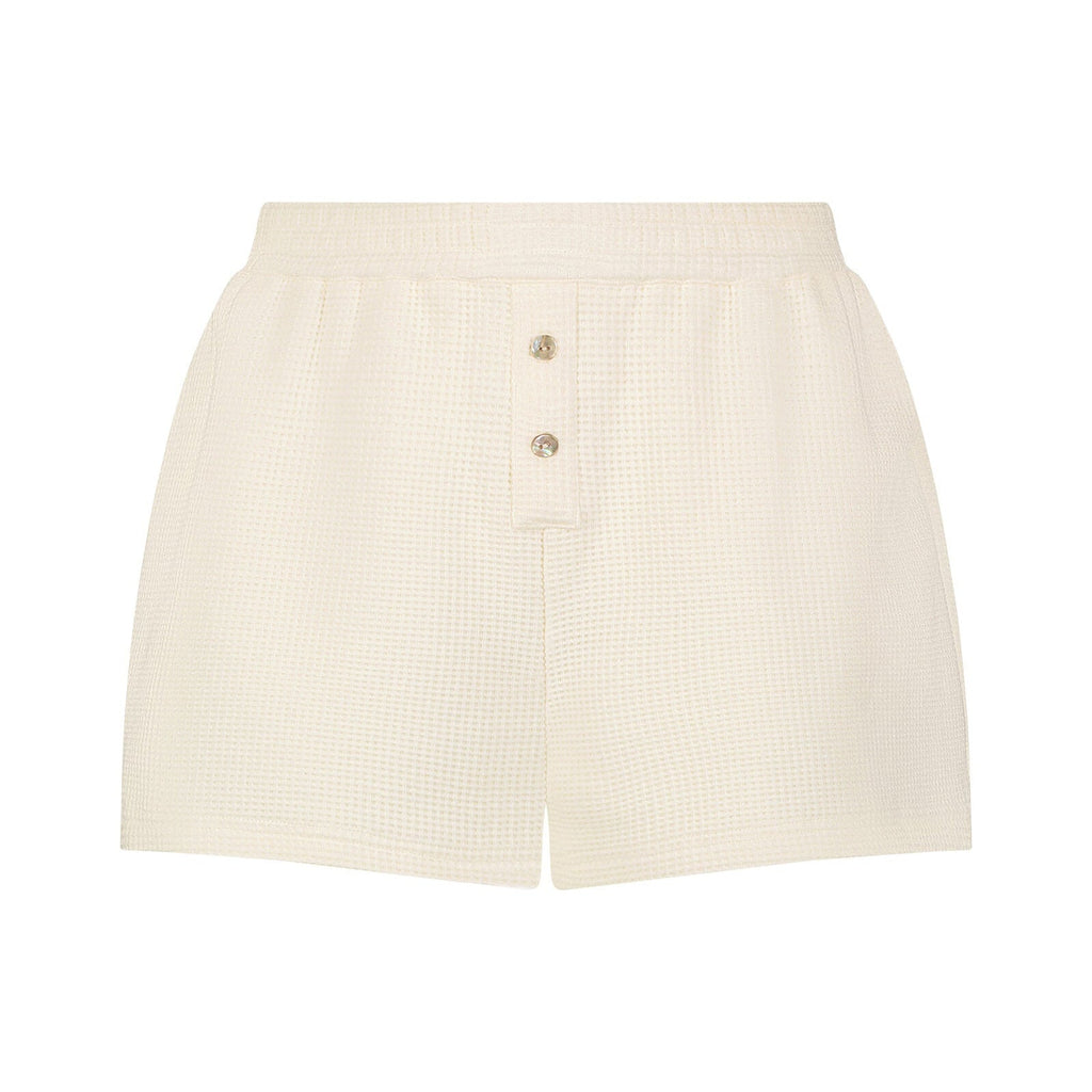 Beige waffle knit shorts with elastic waist