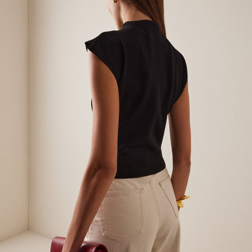 Black slim fit mock neck cap sleeve top