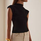 Black slim fit mock neck cap sleeve top