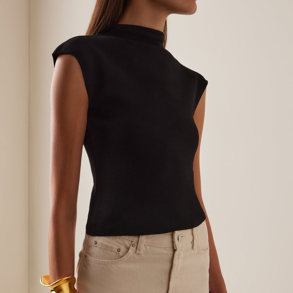 Black slim fit mock neck cap sleeve top