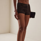 Dark brown suede feel mid rise shorts