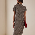 Grey checkered pleated mock neck top