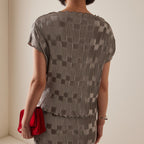 Grey checkered pleated mock neck top