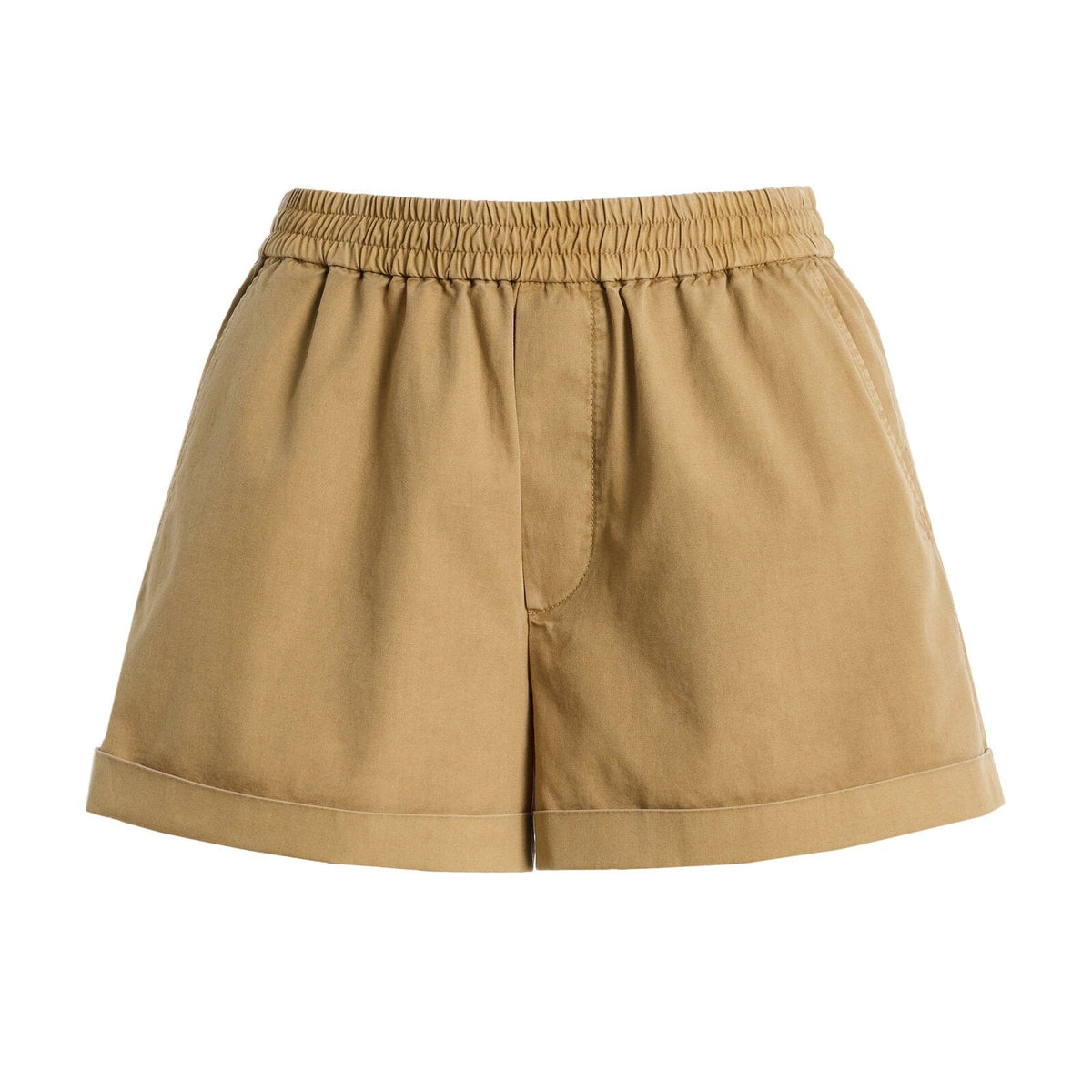 Khaki elastic waist cuffed casual shorts