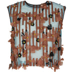 Sleeveless top with blue striped appliqués
