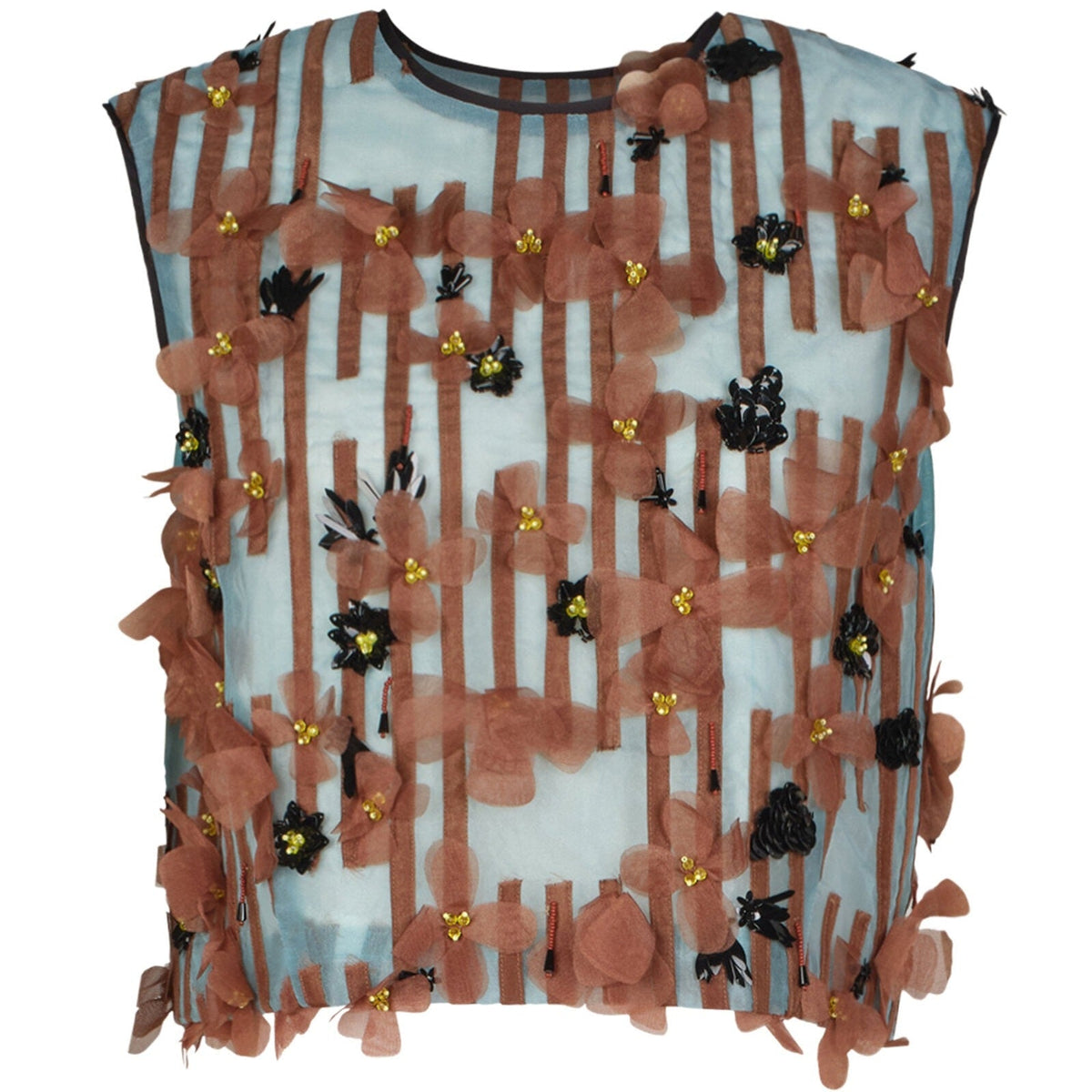 Sleeveless top with blue striped appliqués