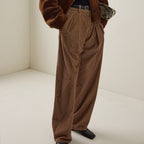 Women's brown pleated corduroy wide leg pants