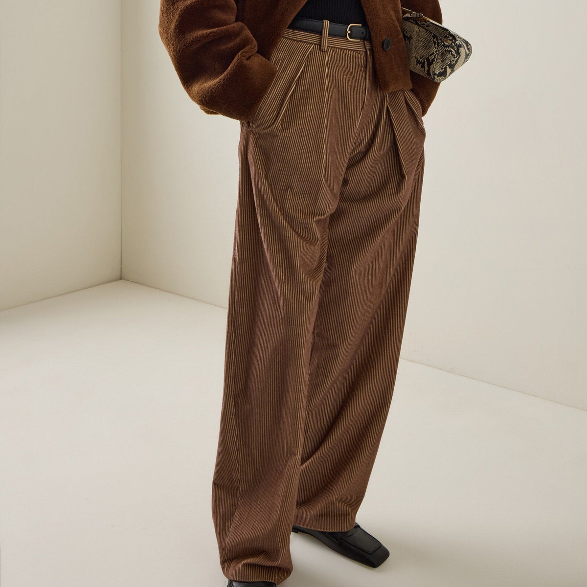 Women's brown pleated corduroy wide leg pants