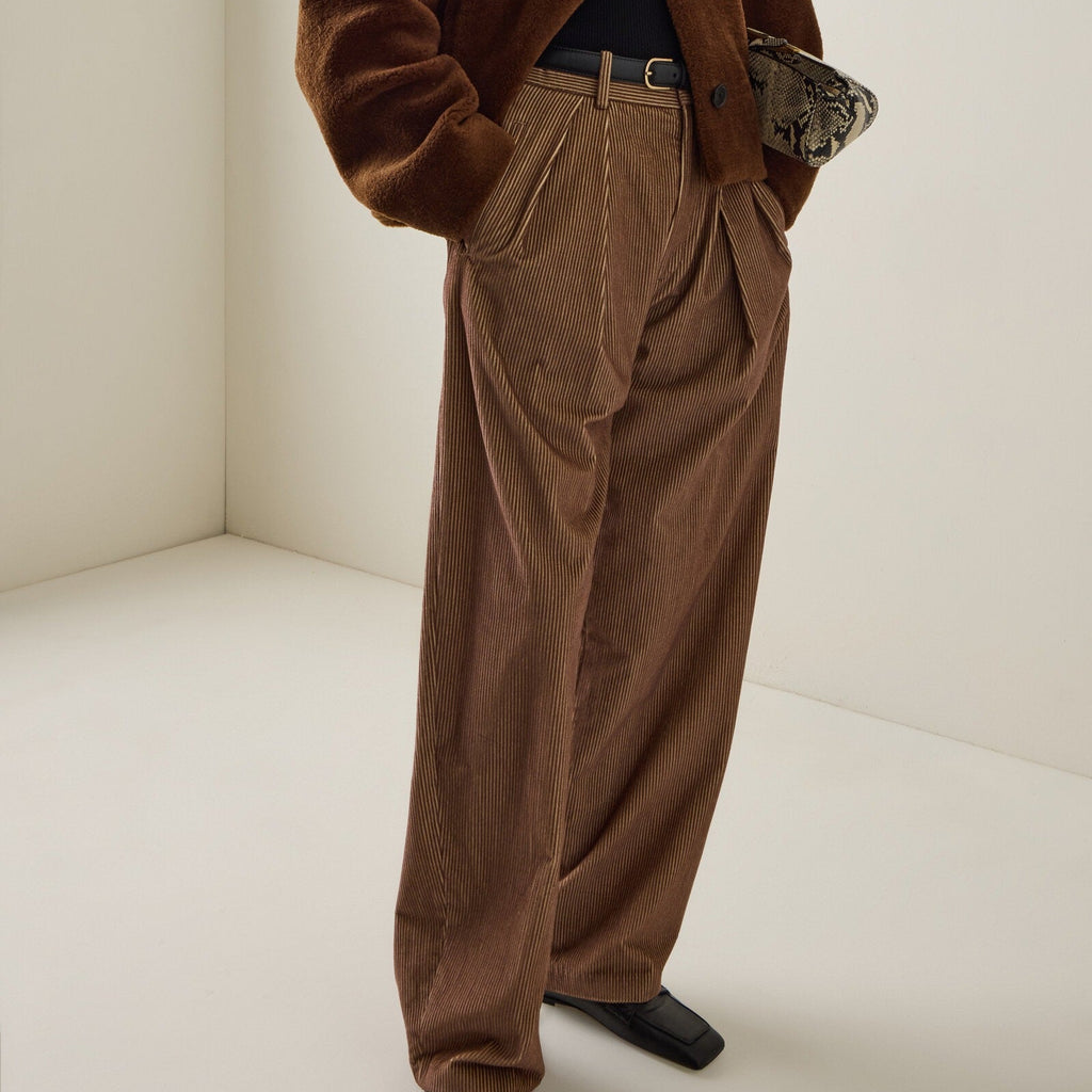Women's brown pleated corduroy wide leg pants