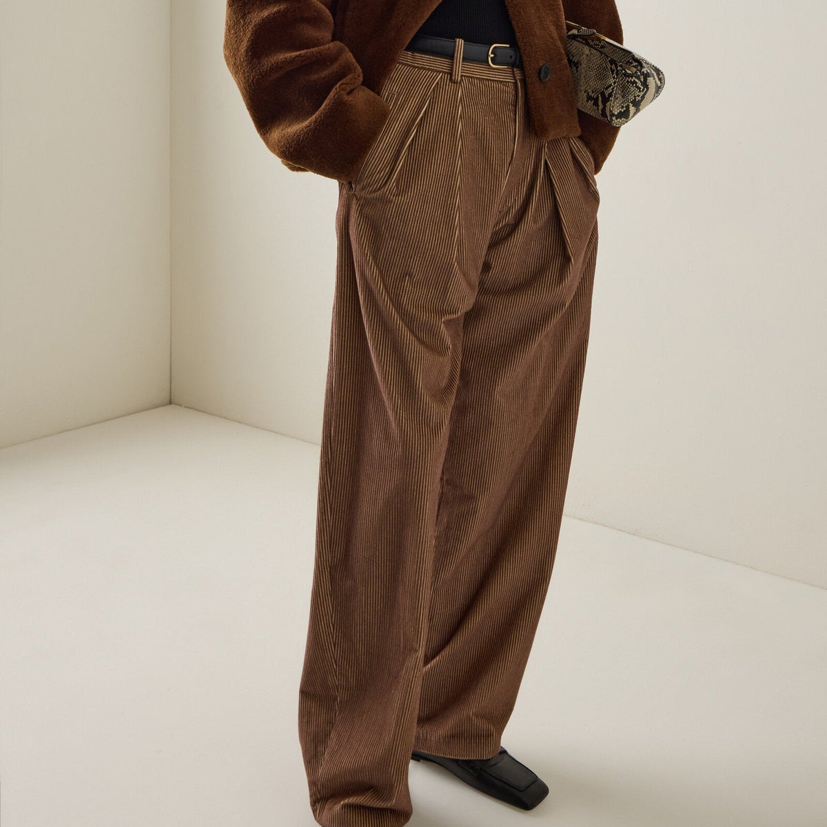 Women's brown pleated corduroy wide leg pants