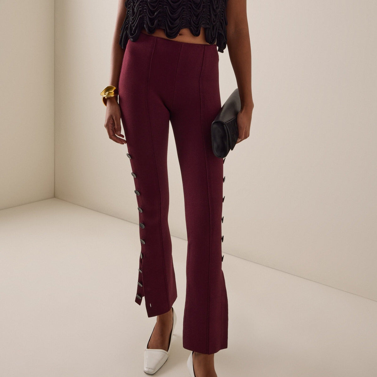 Women's burgundy high waist knitted flare pants