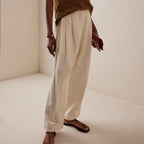 Women's cream high waist pleated wide leg pants