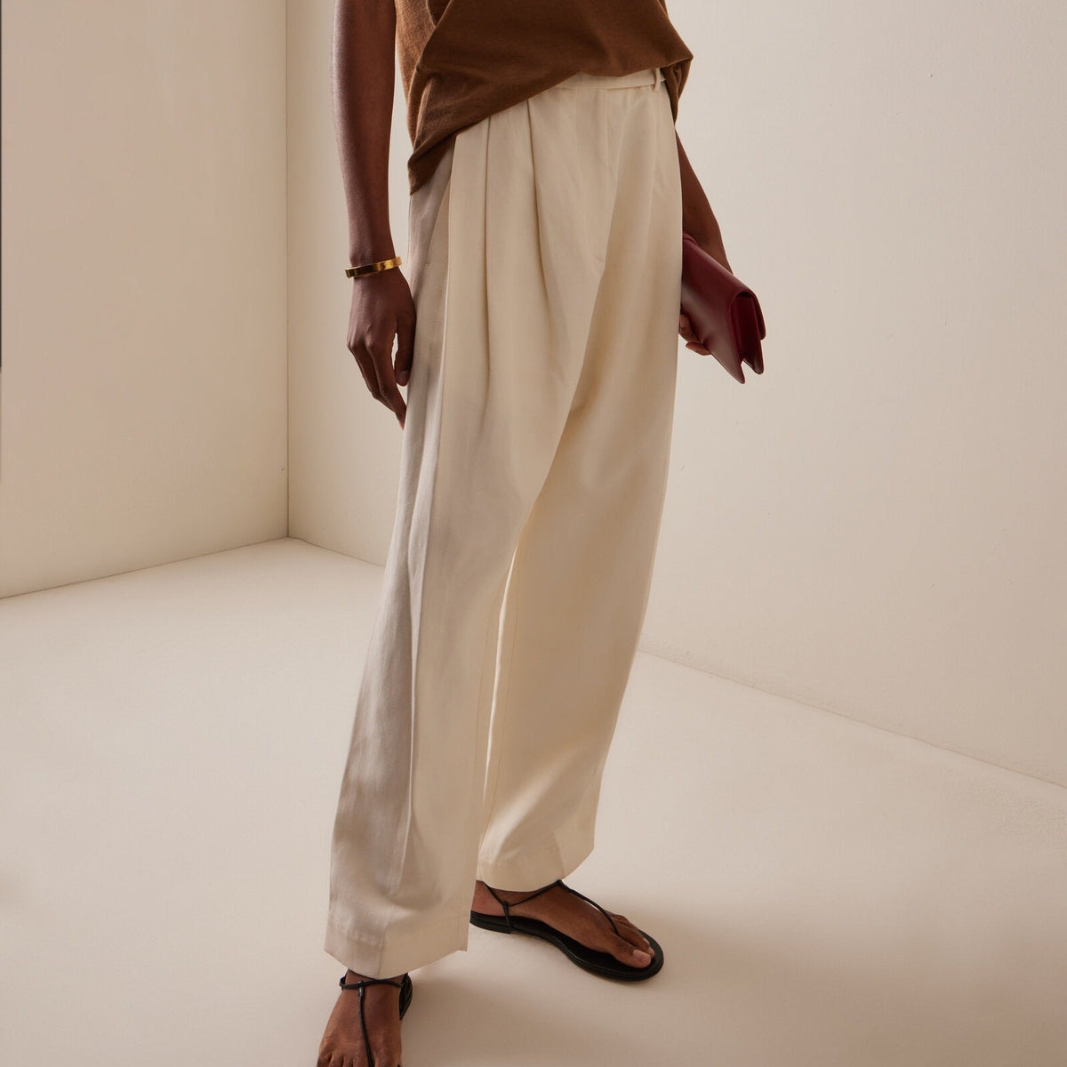 Women's cream high waist pleated wide leg pants