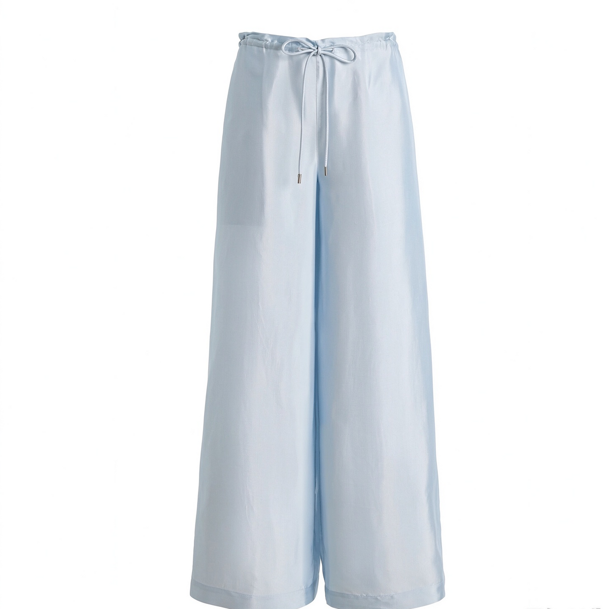 Women's light blue satin drawstring wide leg pants