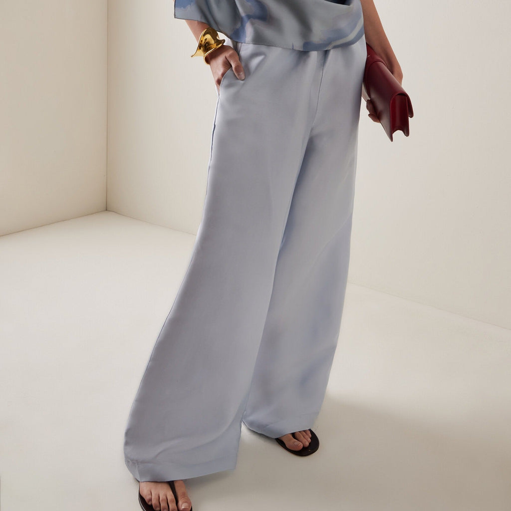 Women's light blue satin drawstring wide leg pants