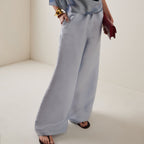 Women's light blue satin drawstring wide leg pants