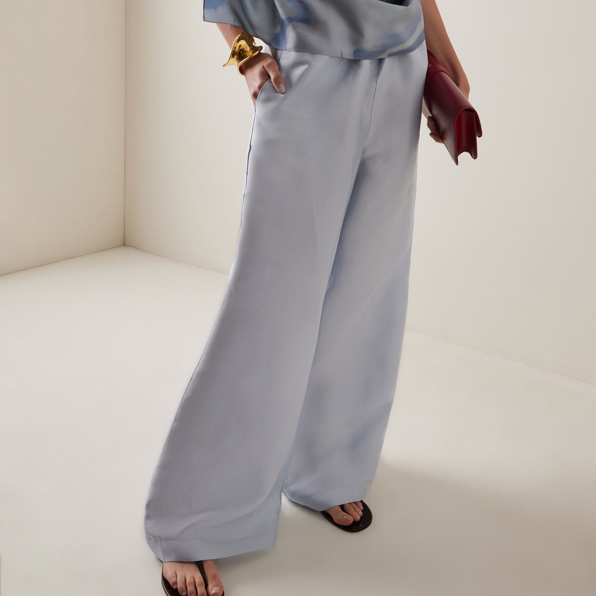 Women's light blue satin drawstring wide leg pants