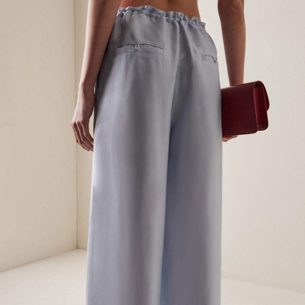 Women's light blue satin drawstring wide leg pants